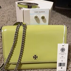 Tory Burch Lime Crossbody Chain Wallet Earrings and Bangle set